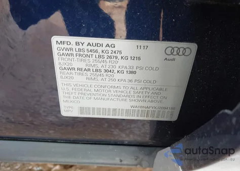 2018 Audi Q5 2.0T Premium/2.0T Tech Premium z USA, uszkodzony, nr VIN WA1BNAFYXJ2094188